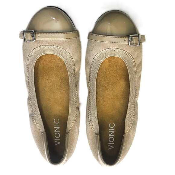 Vionic Neva Patent Leather Suede Ballet Flats Buckle Taupe | Size 6 - Women's - Picture 2 of 7